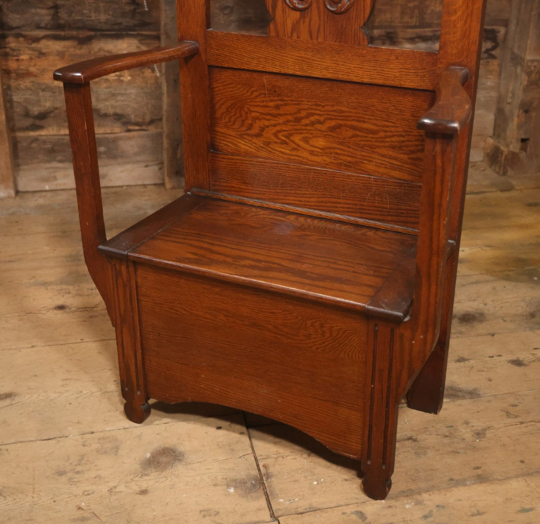 Antique Oak Hall Tree With Mirror And Storage Bench, Carved Scrollwork, Original Hardware, Circa Early 20th Century