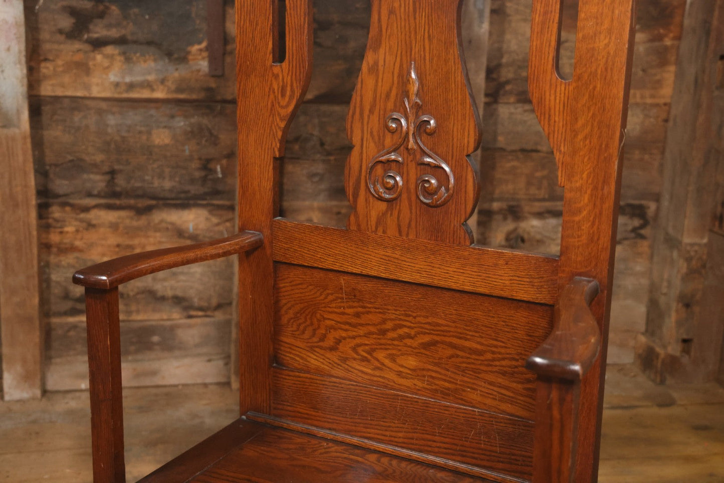 Antique Oak Hall Tree With Mirror And Storage Bench, Carved Scrollwork, Original Hardware, Circa Early 20th Century