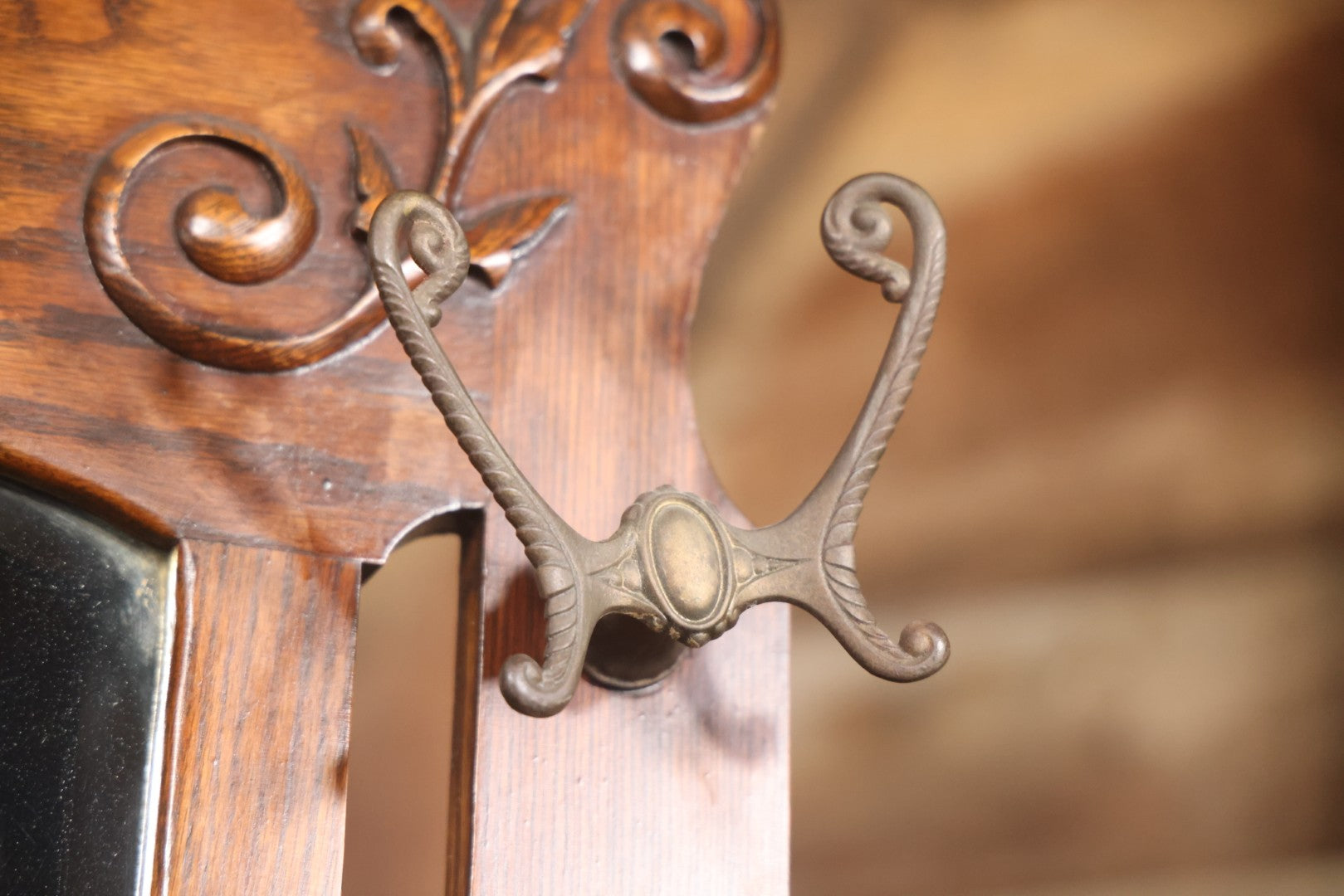 Antique Oak Hall Tree With Mirror And Storage Bench, Carved Scrollwork, Original Hardware, Circa Early 20th Century