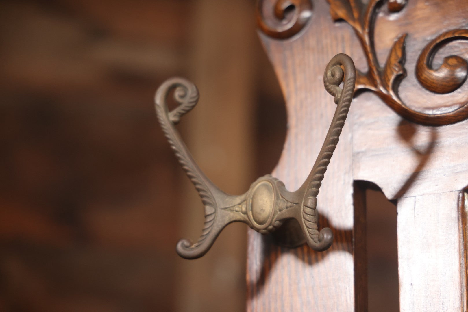 Antique Oak Hall Tree With Mirror And Storage Bench, Carved Scrollwork, Original Hardware, Circa Early 20th Century