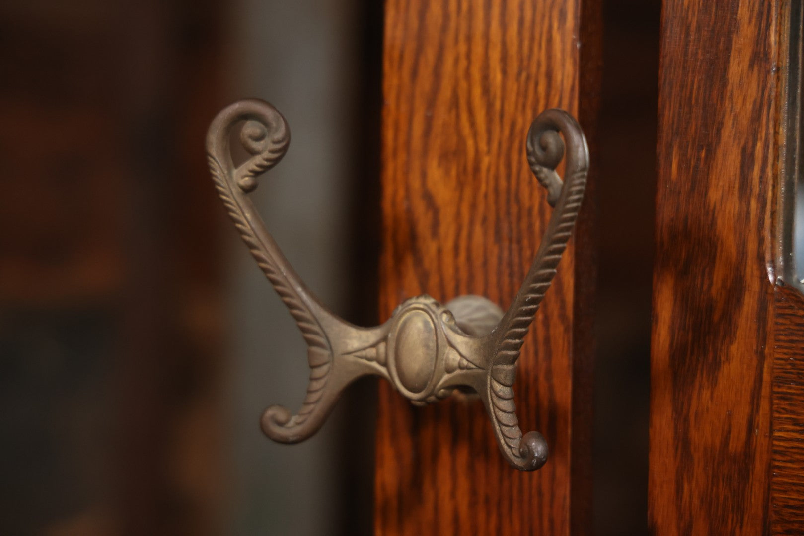 Antique Oak Hall Tree With Mirror And Storage Bench, Carved Scrollwork, Original Hardware, Circa Early 20th Century