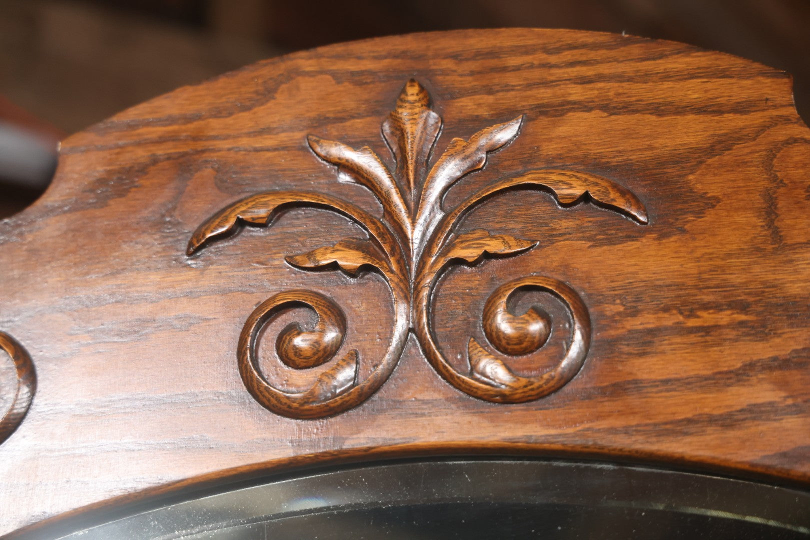 Antique Oak Hall Tree With Mirror And Storage Bench, Carved Scrollwork, Original Hardware, Circa Early 20th Century
