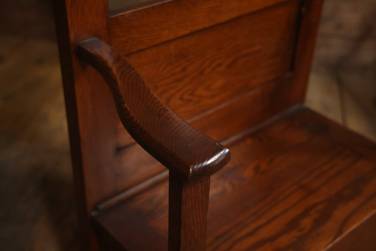 Antique Oak Hall Tree With Mirror And Storage Bench, Carved Scrollwork, Original Hardware, Circa Early 20th Century