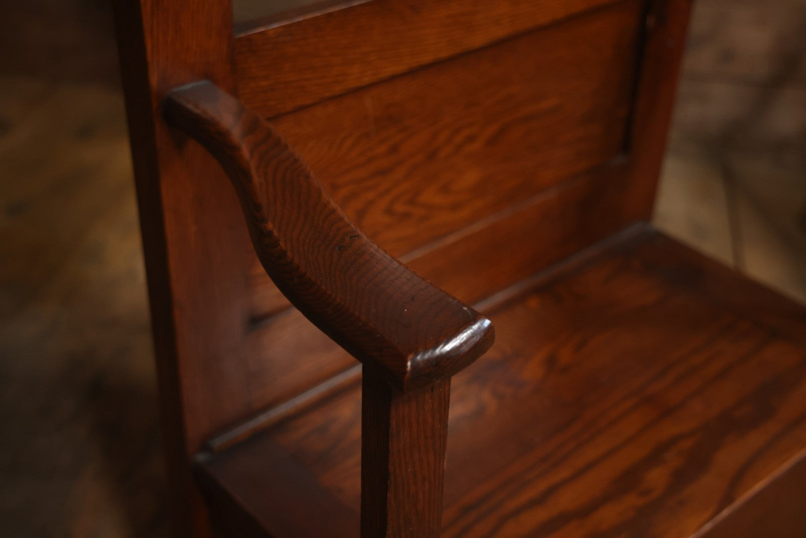 Antique Oak Hall Tree With Mirror And Storage Bench, Carved Scrollwork, Original Hardware, Circa Early 20th Century