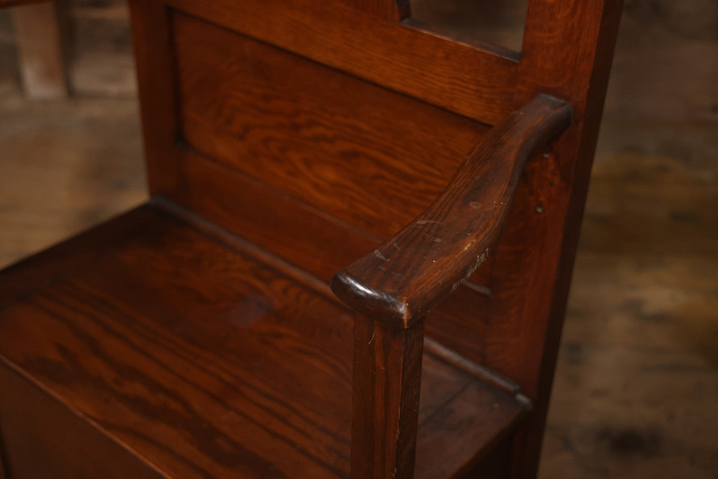 Antique Oak Hall Tree With Mirror And Storage Bench, Carved Scrollwork, Original Hardware, Circa Early 20th Century