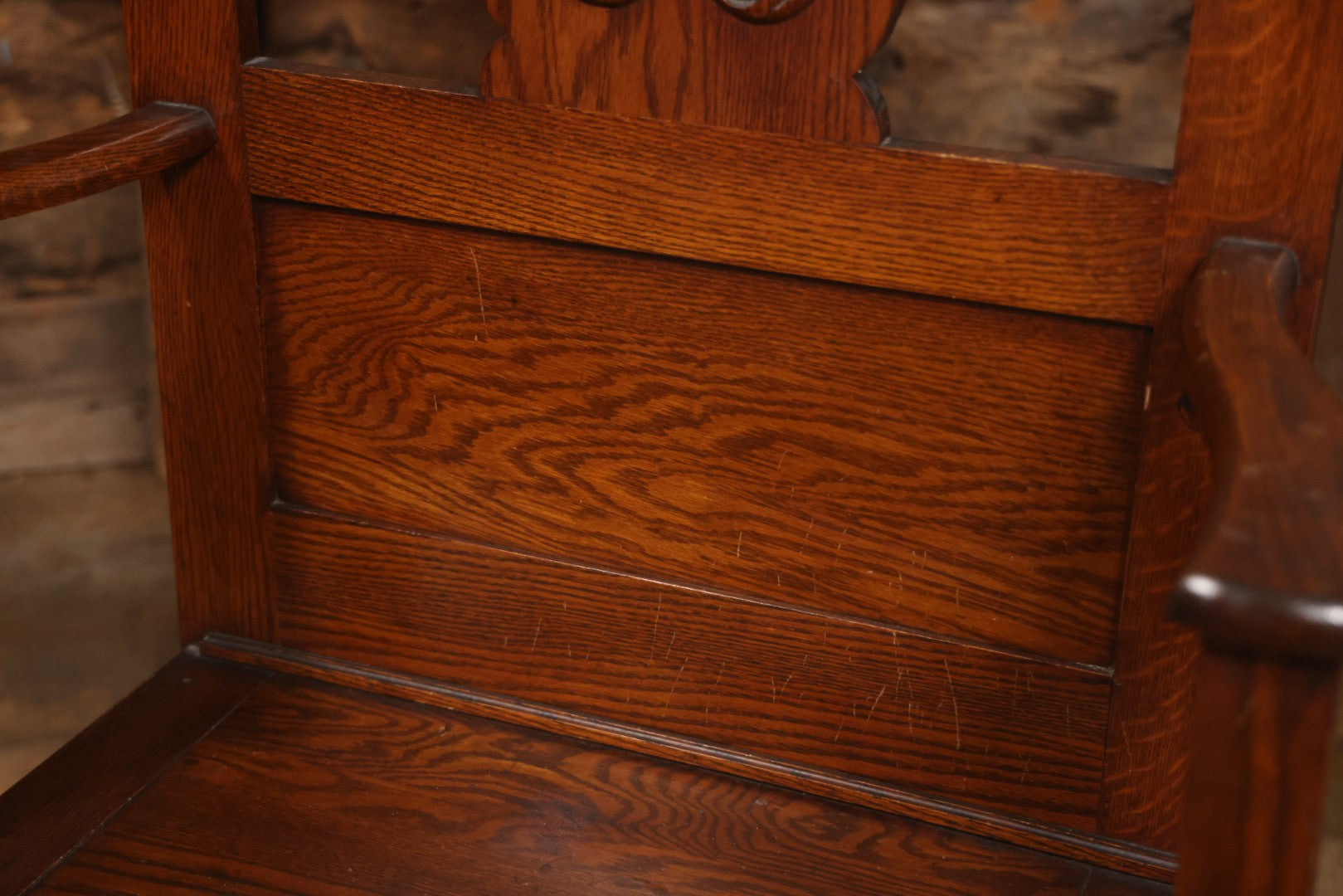 Antique Oak Hall Tree With Mirror And Storage Bench, Carved Scrollwork, Original Hardware, Circa Early 20th Century