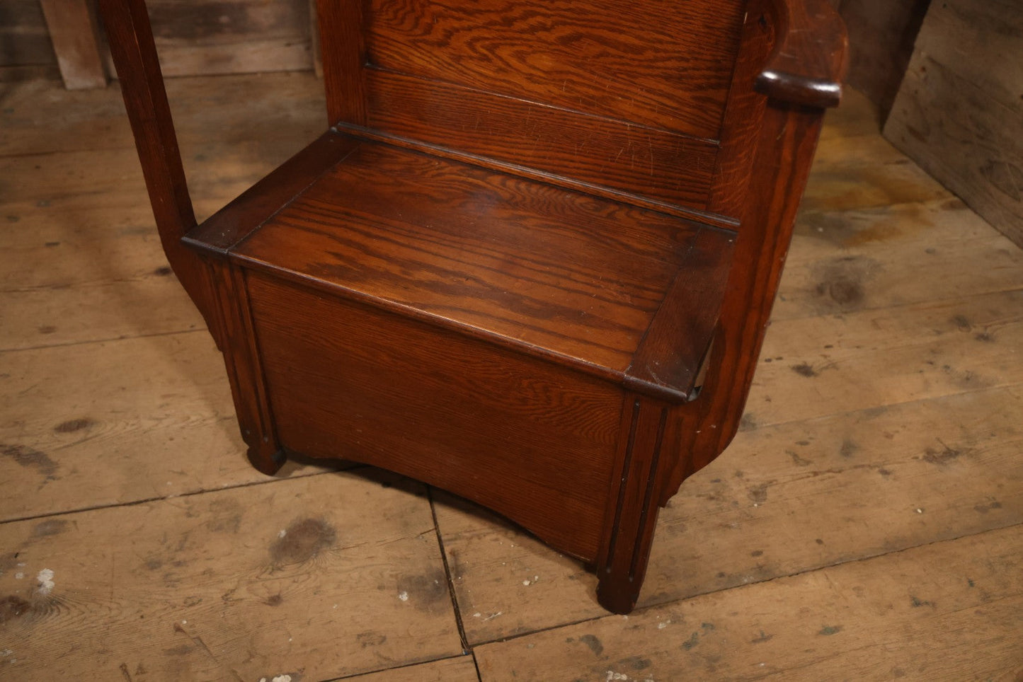 Antique Oak Hall Tree With Mirror And Storage Bench, Carved Scrollwork, Original Hardware, Circa Early 20th Century