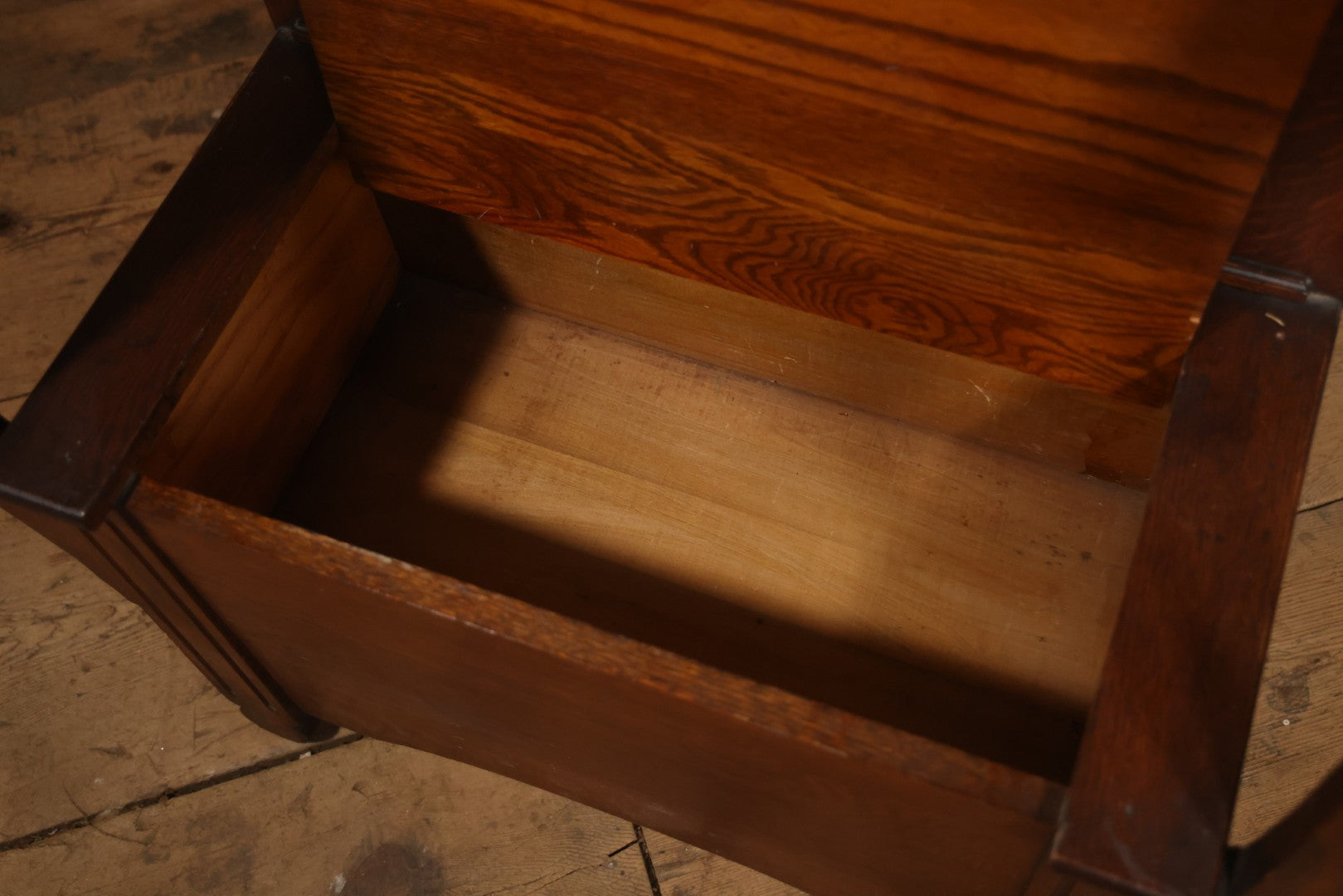Antique Oak Hall Tree With Mirror And Storage Bench, Carved Scrollwork, Original Hardware, Circa Early 20th Century