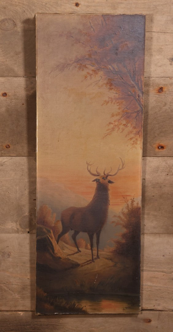 Antique Oil On Canvas Painting Of Elk In Landscape, Signed A. Walsh, 13" x 36-7/8"