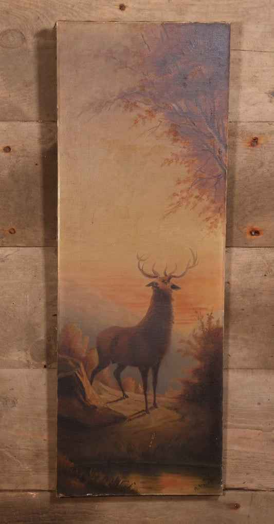 Antique Oil On Canvas Painting Of Elk In Landscape, Signed A. Walsh, 13" x 36-7/8"