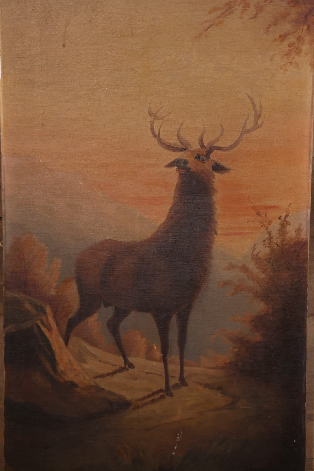 Antique Oil On Canvas Painting Of Elk In Landscape, Signed A. Walsh, 13" x 36-7/8"