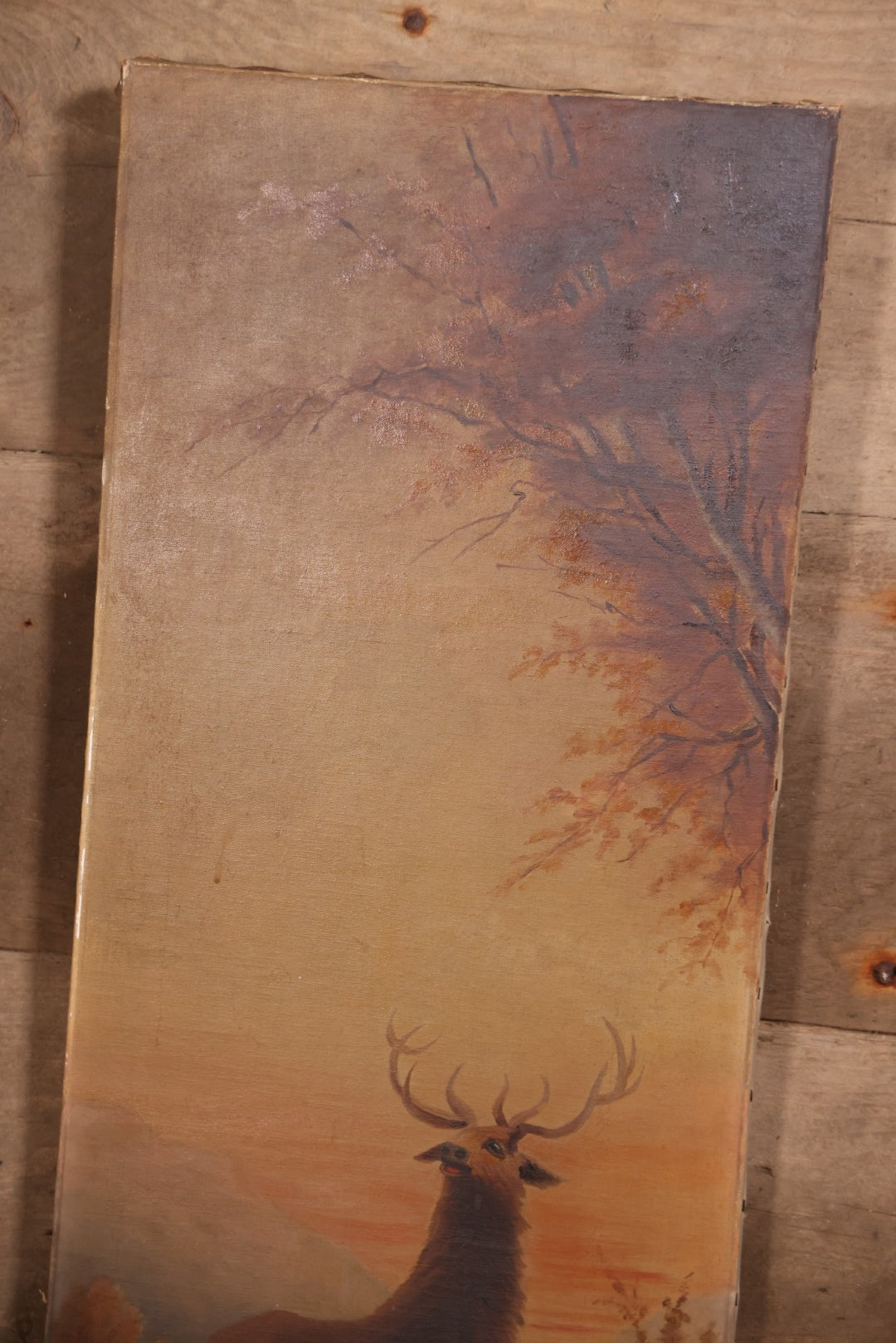 Antique Oil On Canvas Painting Of Elk In Landscape, Signed A. Walsh, 13" x 36-7/8"