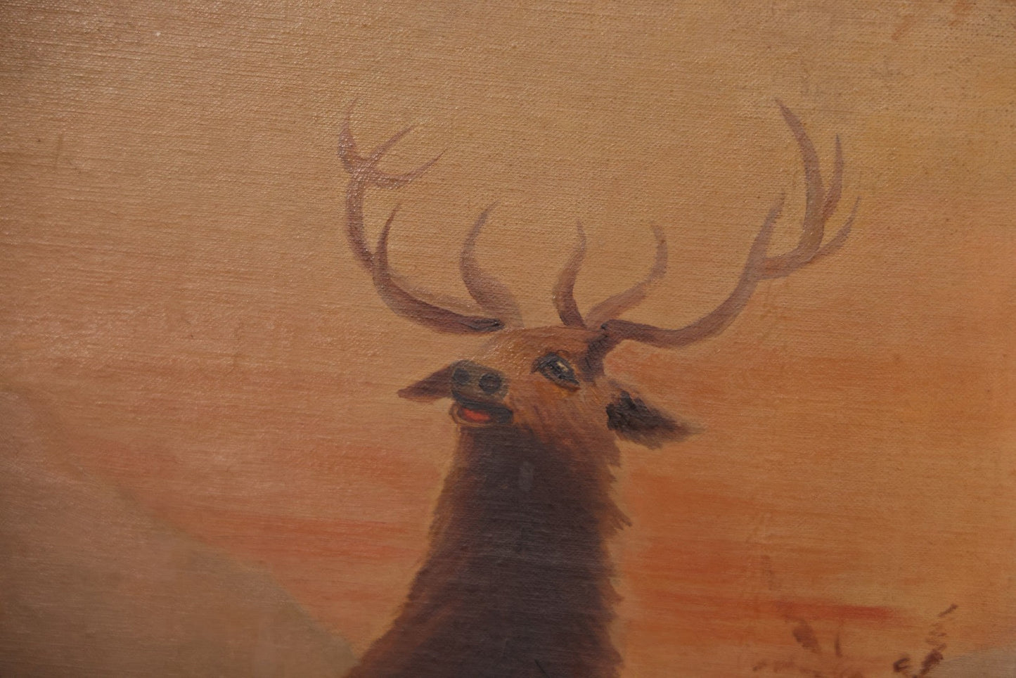 Antique Oil On Canvas Painting Of Elk In Landscape, Signed A. Walsh, 13" x 36-7/8"