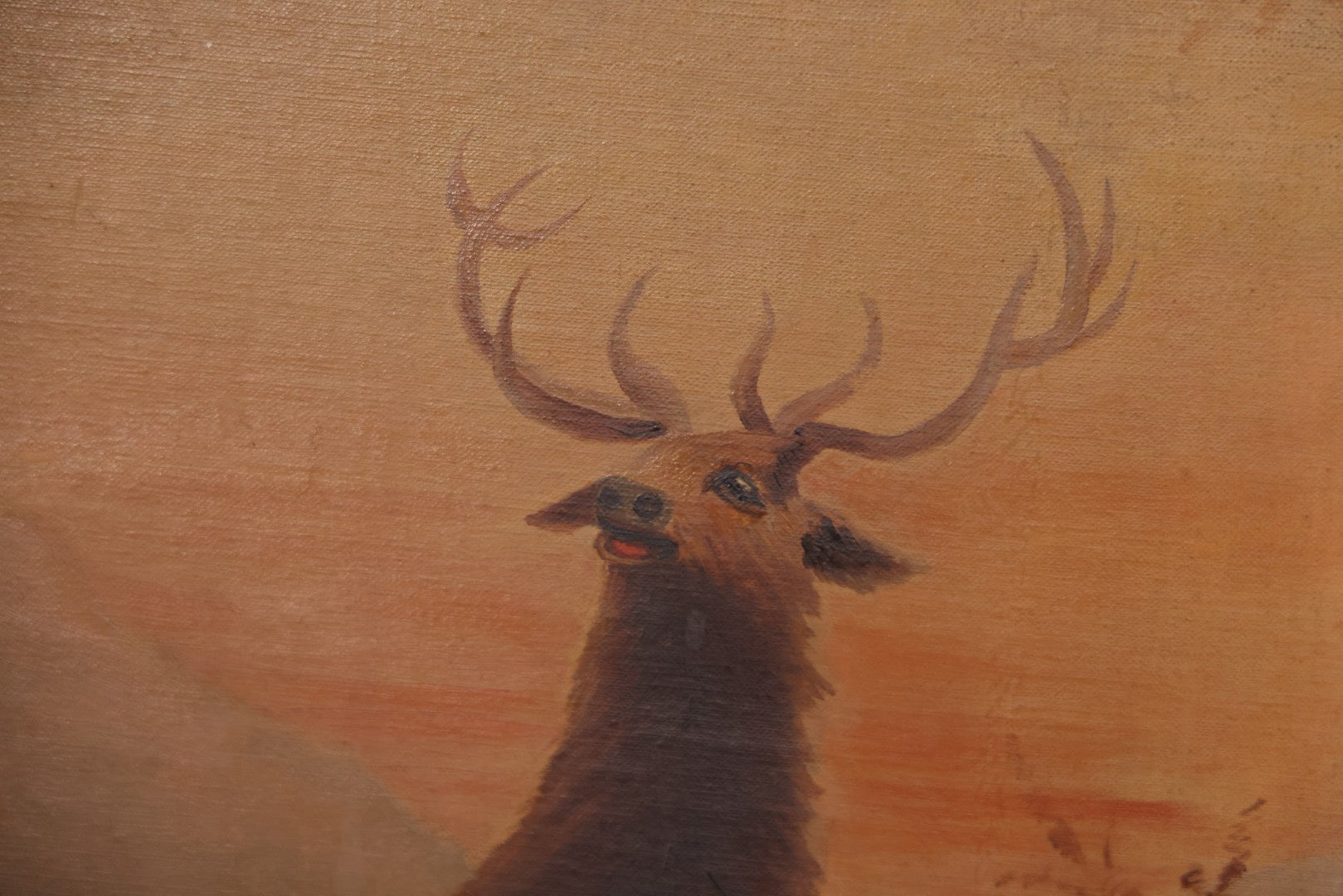 Antique Oil On Canvas Painting Of Elk In Landscape, Signed A. Walsh, 13" x 36-7/8"
