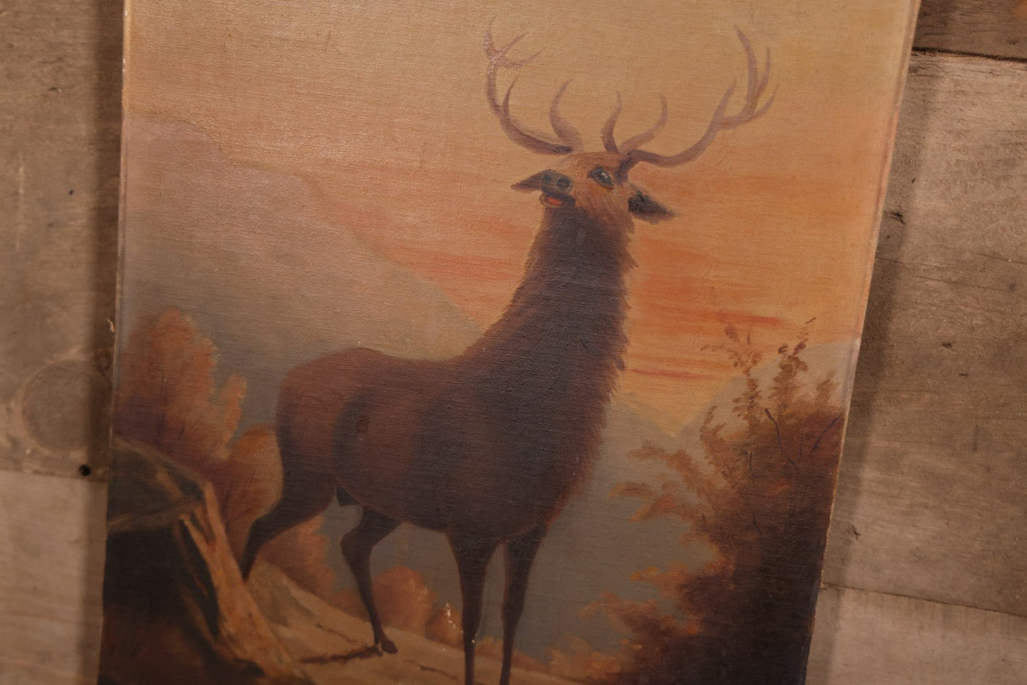 Antique Oil On Canvas Painting Of Elk In Landscape, Signed A. Walsh, 13" x 36-7/8"