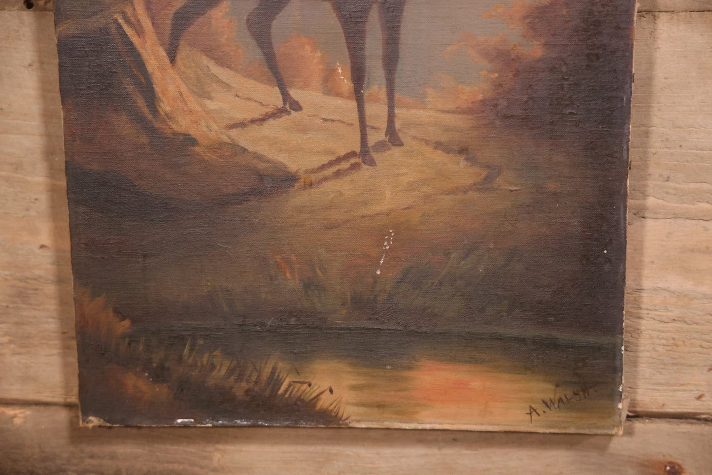 Antique Oil On Canvas Painting Of Elk In Landscape, Signed A. Walsh, 13" x 36-7/8"