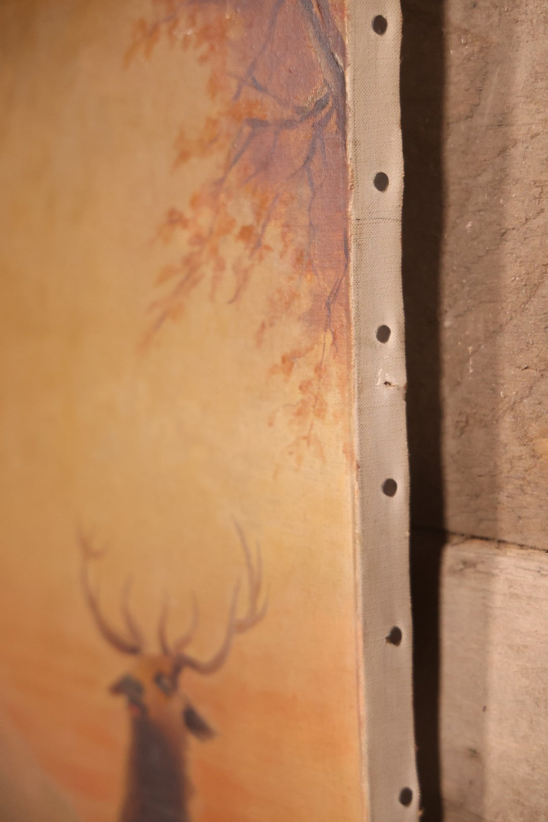 Antique Oil On Canvas Painting Of Elk In Landscape, Signed A. Walsh, 13" x 36-7/8"