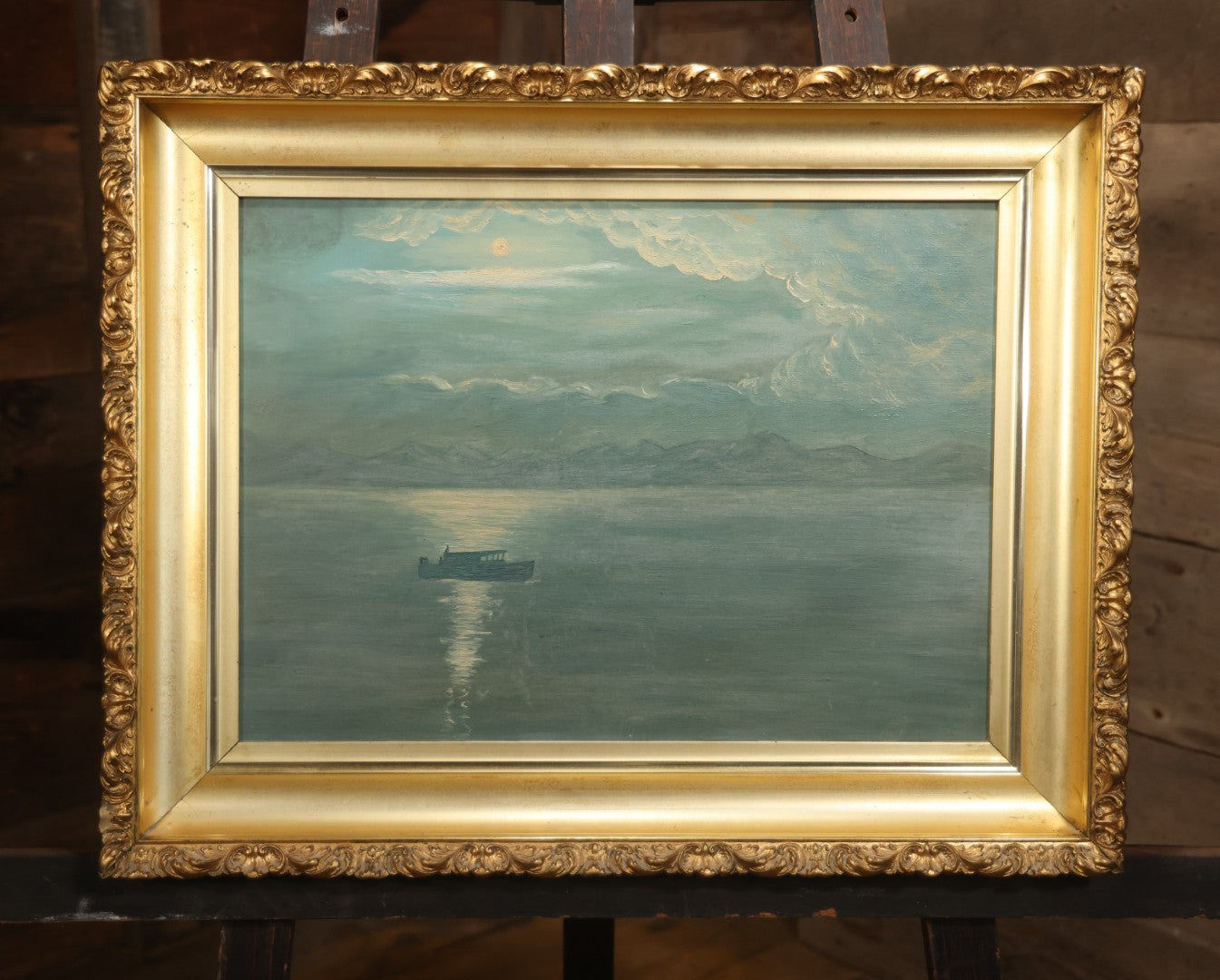 Antique Oil On Canvas Nocturne Painting With Boat On Water, Gilt Frame, 27-3/4" x 21-3/4"