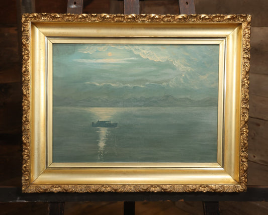 Antique Oil On Canvas Nocturne Painting With Boat On Water, Gilt Frame, 27-3/4" x 21-3/4"