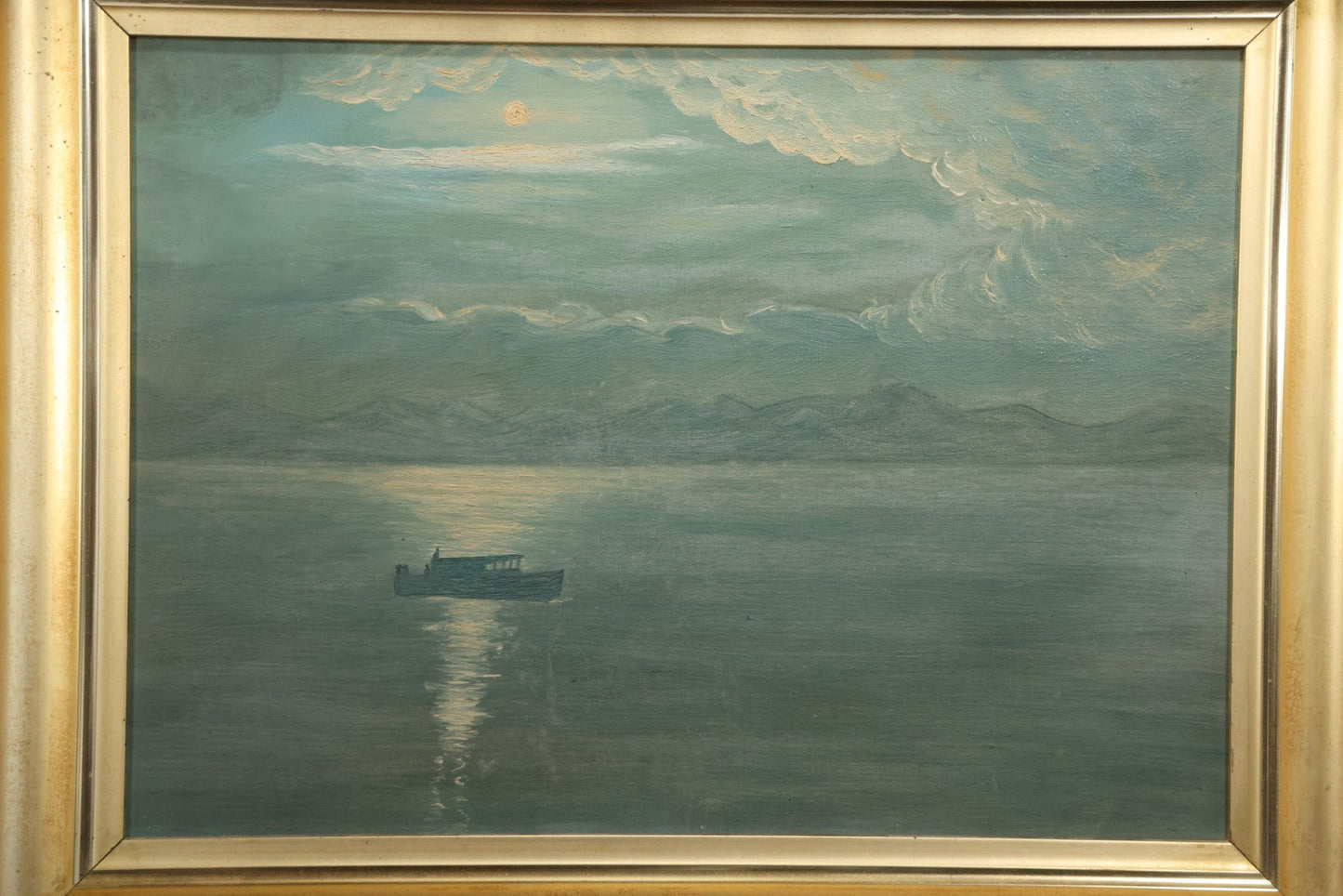 Antique Oil On Canvas Nocturne Painting With Boat On Water, Gilt Frame, 27-3/4" x 21-3/4"