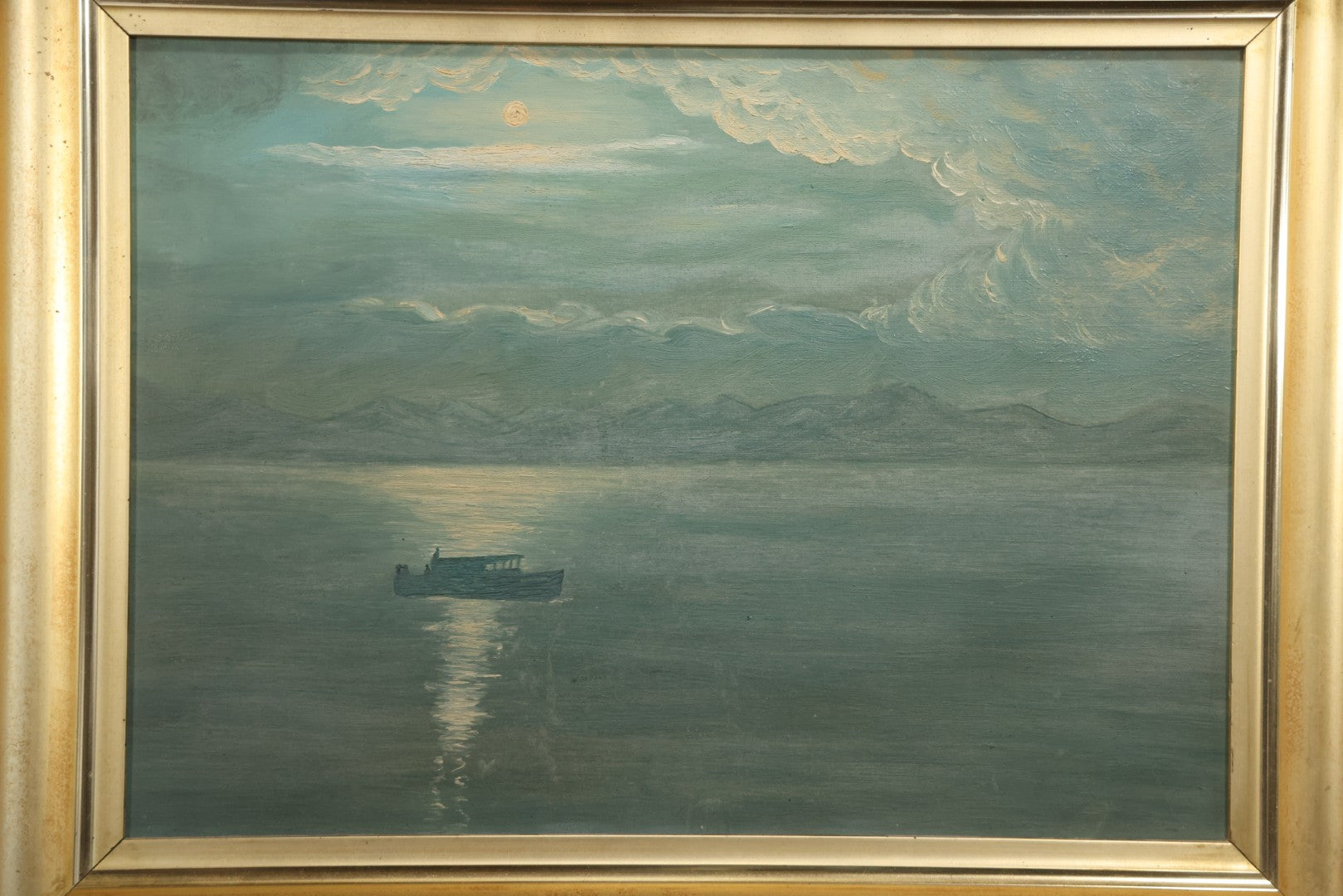 Antique Oil On Canvas Nocturne Painting With Boat On Water, Gilt Frame, 27-3/4" x 21-3/4"