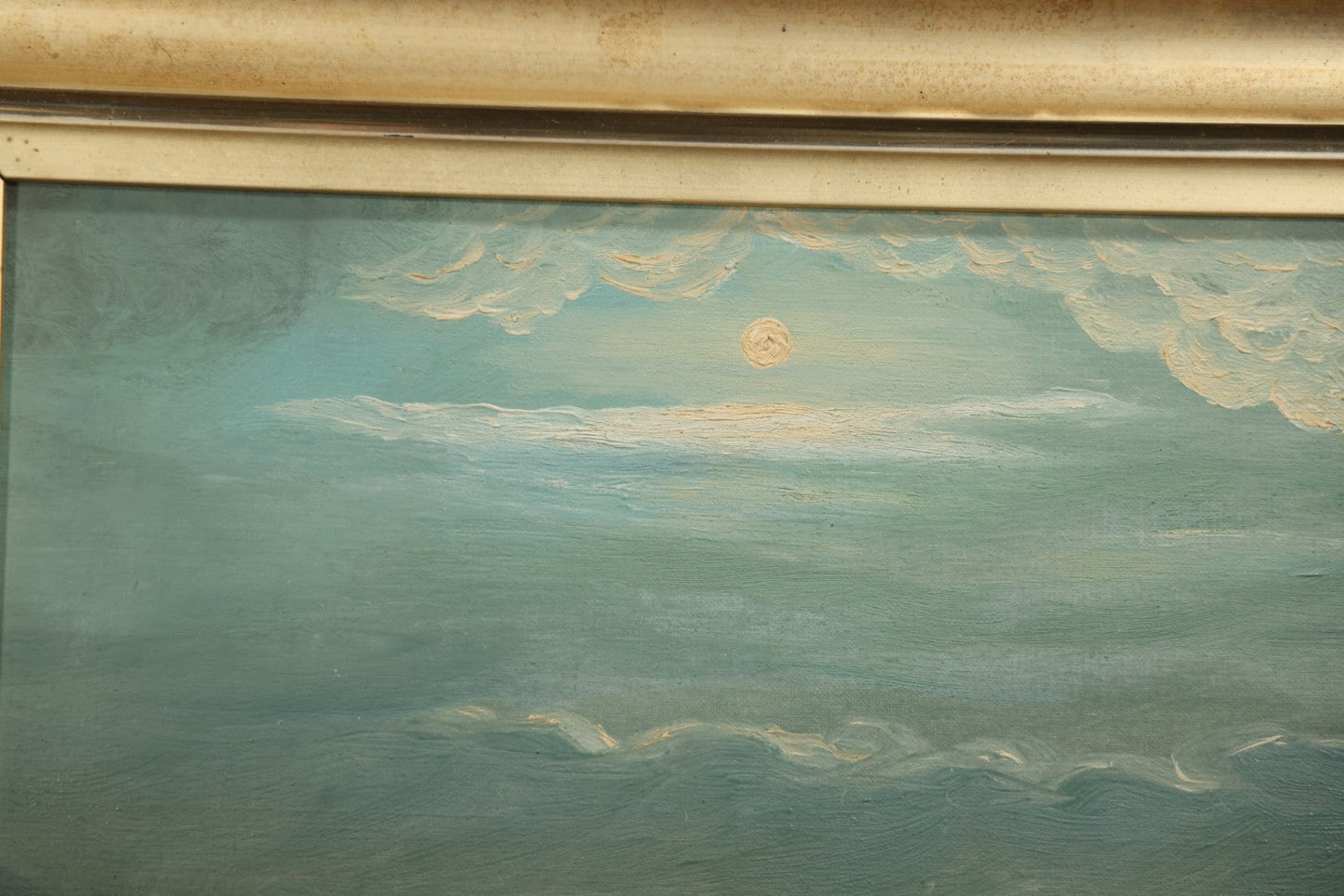 Antique Oil On Canvas Nocturne Painting With Boat On Water, Gilt Frame, 27-3/4" x 21-3/4"