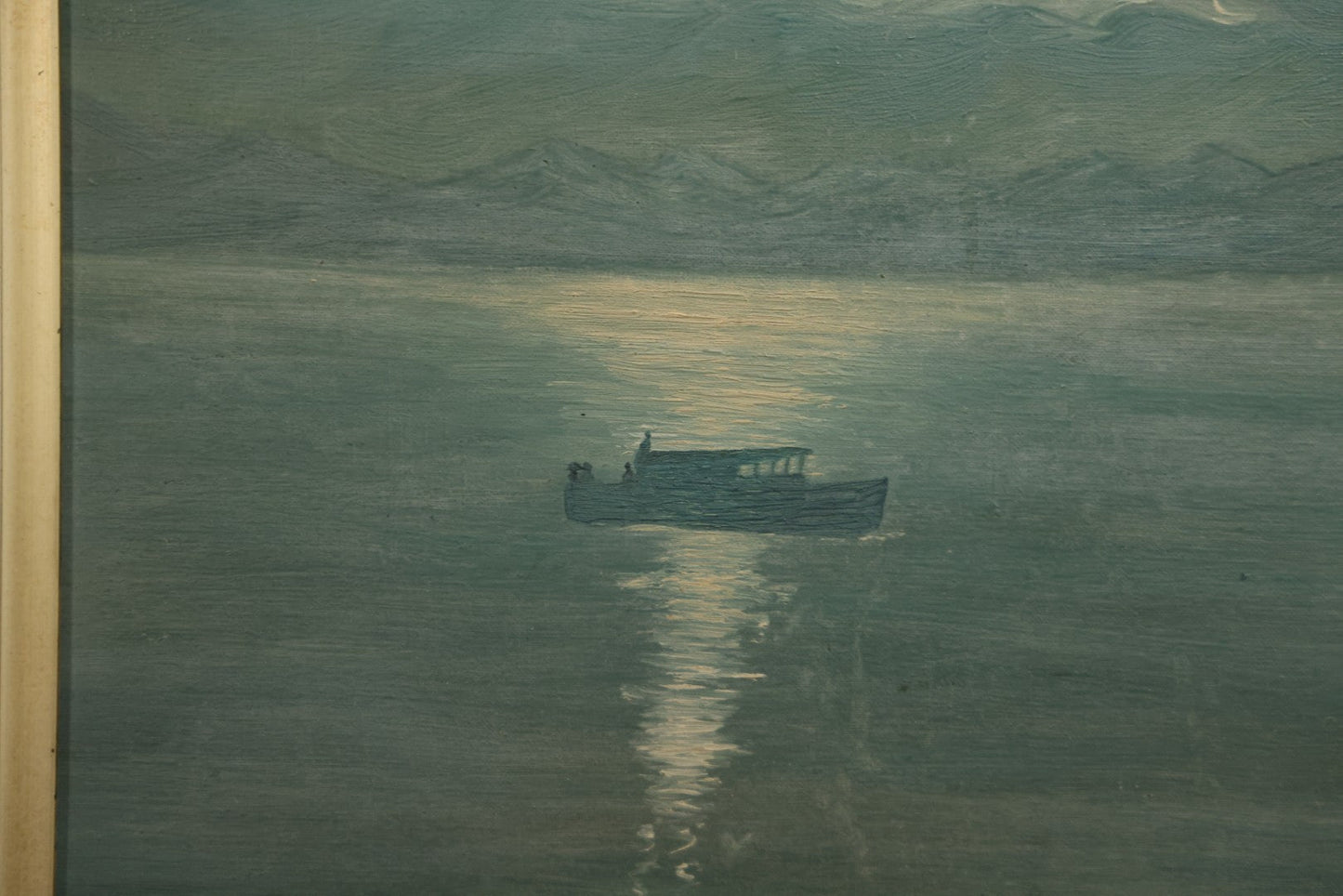 Antique Oil On Canvas Nocturne Painting With Boat On Water, Gilt Frame, 27-3/4" x 21-3/4"