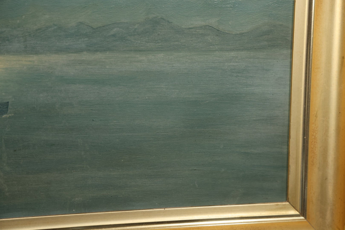 Antique Oil On Canvas Nocturne Painting With Boat On Water, Gilt Frame, 27-3/4" x 21-3/4"