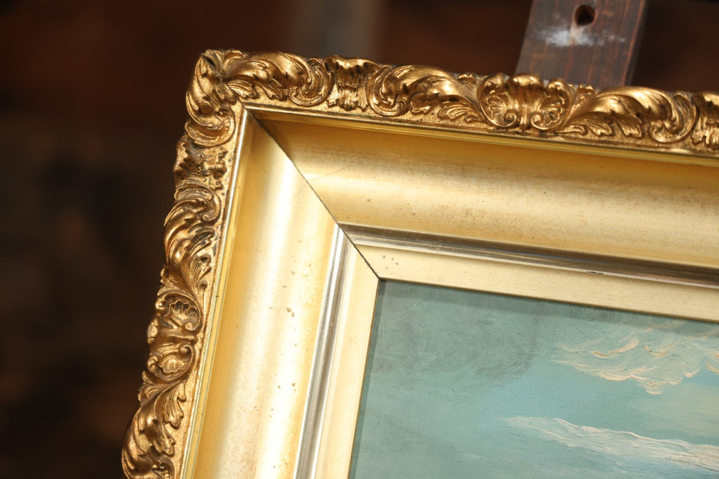 Antique Oil On Canvas Nocturne Painting With Boat On Water, Gilt Frame, 27-3/4" x 21-3/4"