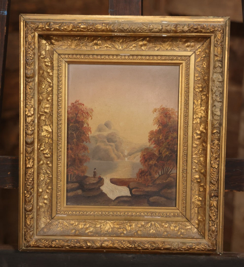 Antique Oil On Canvas Landscape Painting With Figure Overlooking Waterfall And River, Gilt Frame, 12-5/8" x 14-3/8"