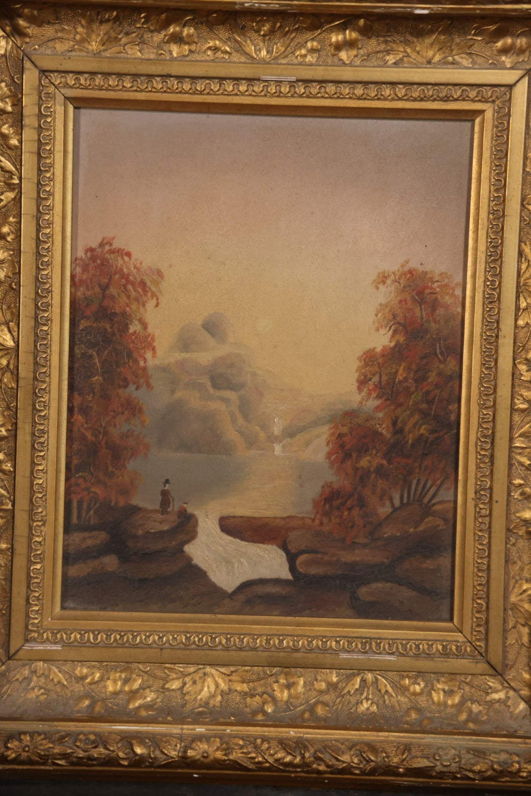 Antique Oil On Canvas Landscape Painting With Figure Overlooking Waterfall And River, Gilt Frame, 12-5/8" x 14-3/8"