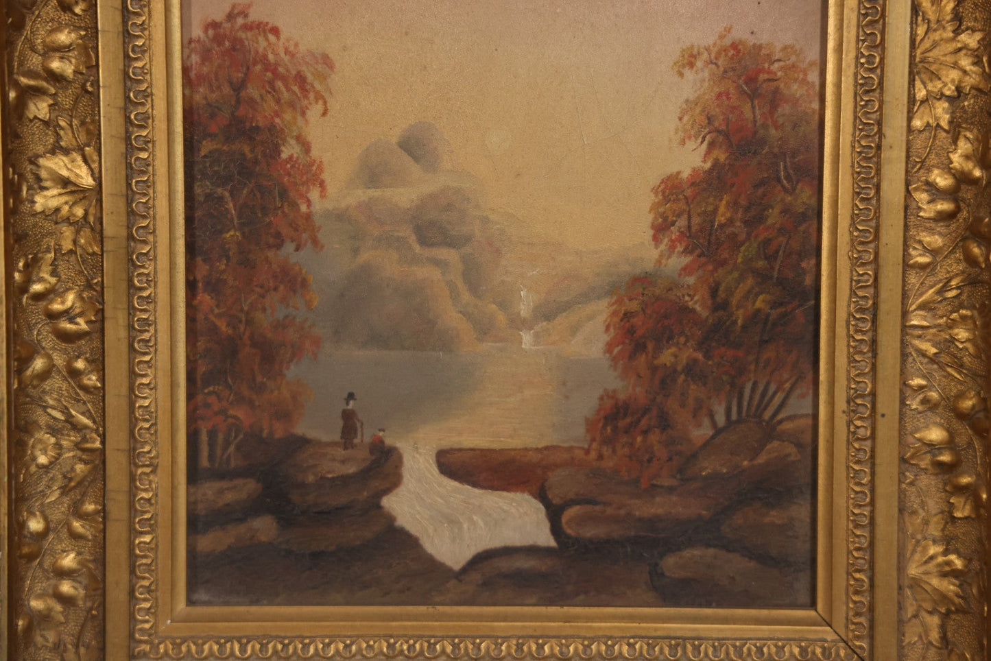 Antique Oil On Canvas Landscape Painting With Figure Overlooking Waterfall And River, Gilt Frame, 12-5/8" x 14-3/8"