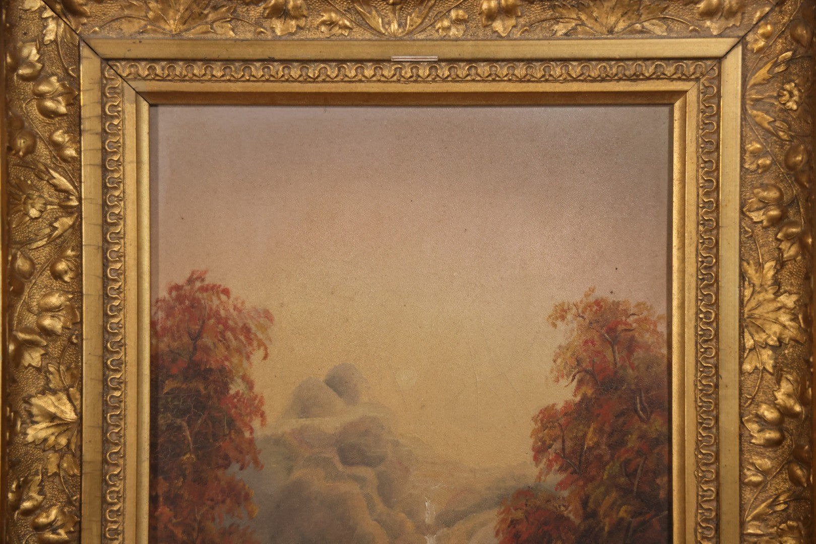 Antique Oil On Canvas Landscape Painting With Figure Overlooking Waterfall And River, Gilt Frame, 12-5/8" x 14-3/8"