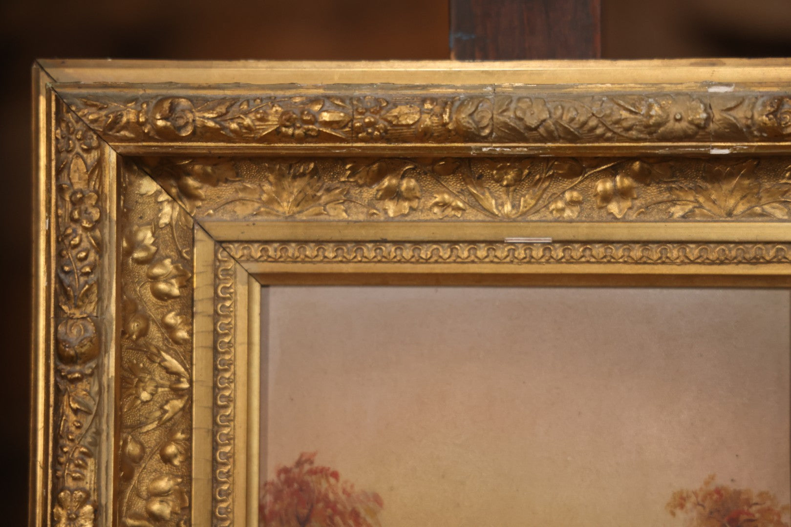 Antique Oil On Canvas Landscape Painting With Figure Overlooking Waterfall And River, Gilt Frame, 12-5/8" x 14-3/8"