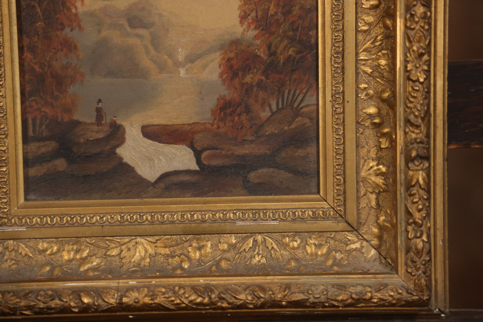 Antique Oil On Canvas Landscape Painting With Figure Overlooking Waterfall And River, Gilt Frame, 12-5/8" x 14-3/8"