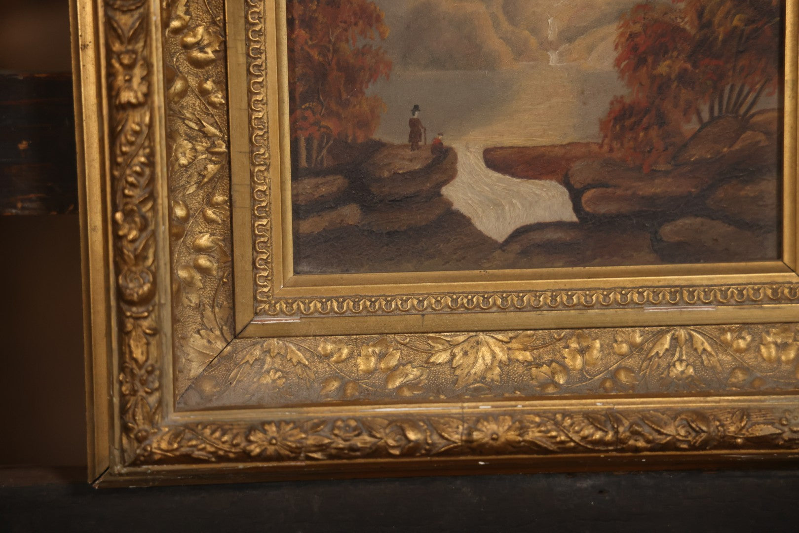 Antique Oil On Canvas Landscape Painting With Figure Overlooking Waterfall And River, Gilt Frame, 12-5/8" x 14-3/8"