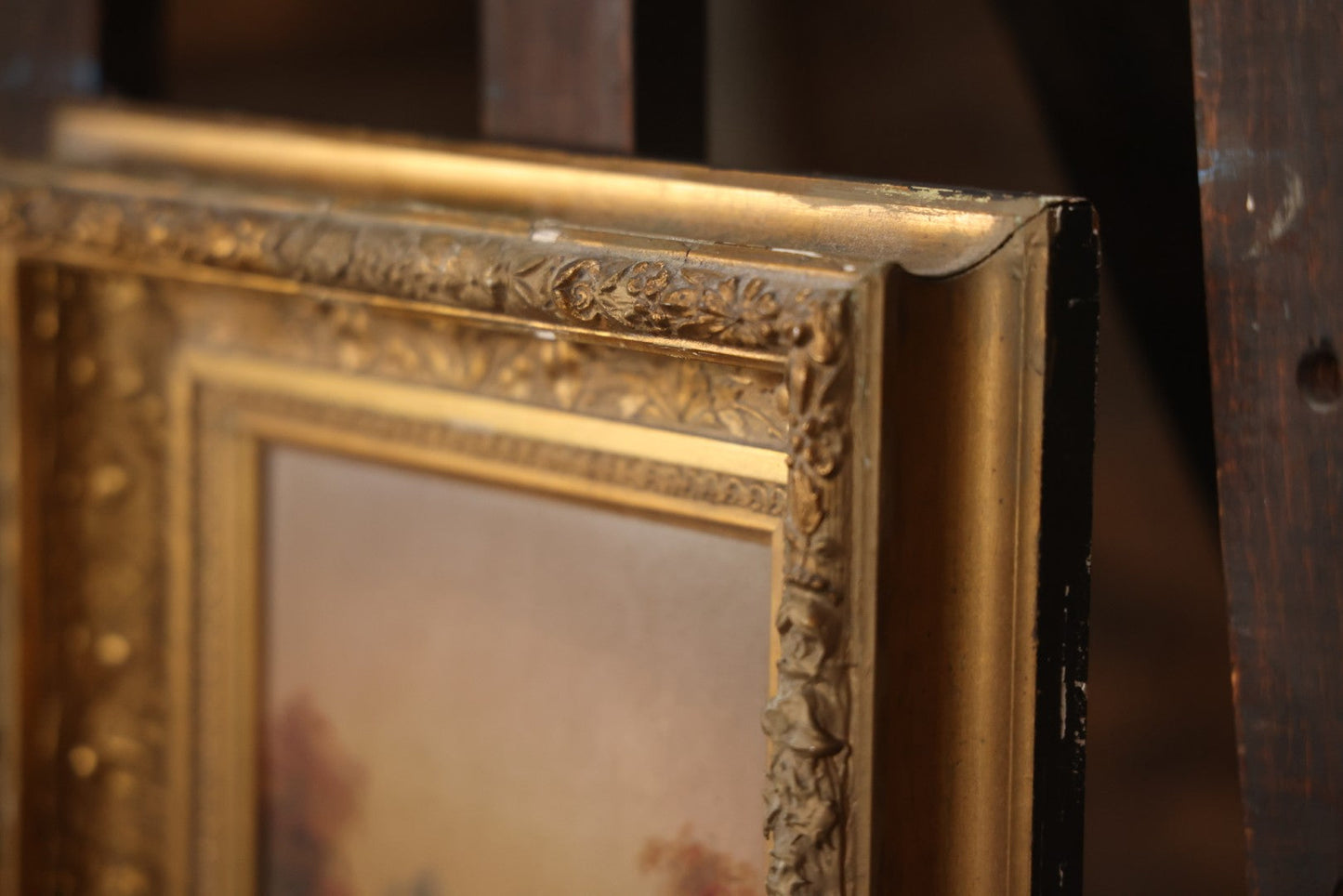 Antique Oil On Canvas Landscape Painting With Figure Overlooking Waterfall And River, Gilt Frame, 12-5/8" x 14-3/8"