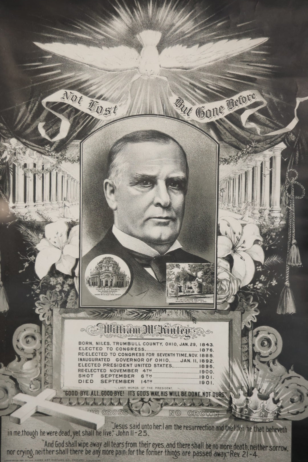 Antique President William McKinley Memorial Mourning Print, Copyright Home Art Picture Co., Chicago, 1901, In Frame, 21-1/2" x 25-1/2"