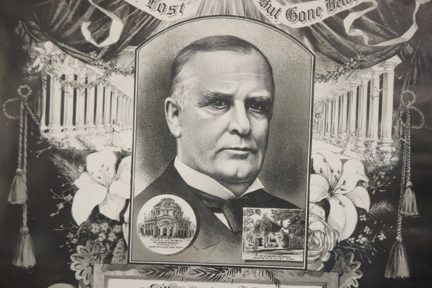 Antique President William McKinley Memorial Mourning Print, Copyright Home Art Picture Co., Chicago, 1901, In Frame, 21-1/2" x 25-1/2"