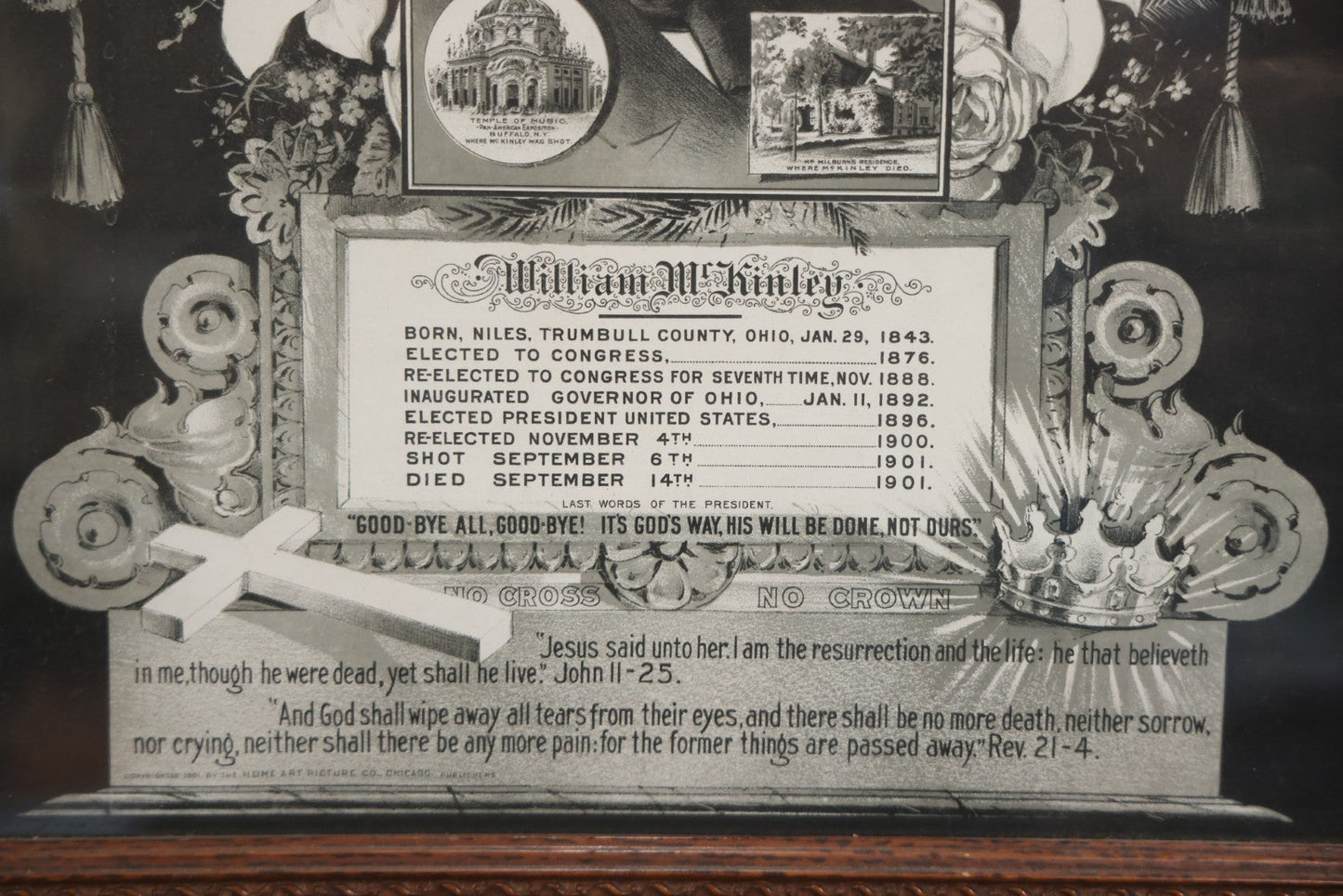 Antique President William McKinley Memorial Mourning Print, Copyright Home Art Picture Co., Chicago, 1901, In Frame, 21-1/2" x 25-1/2"