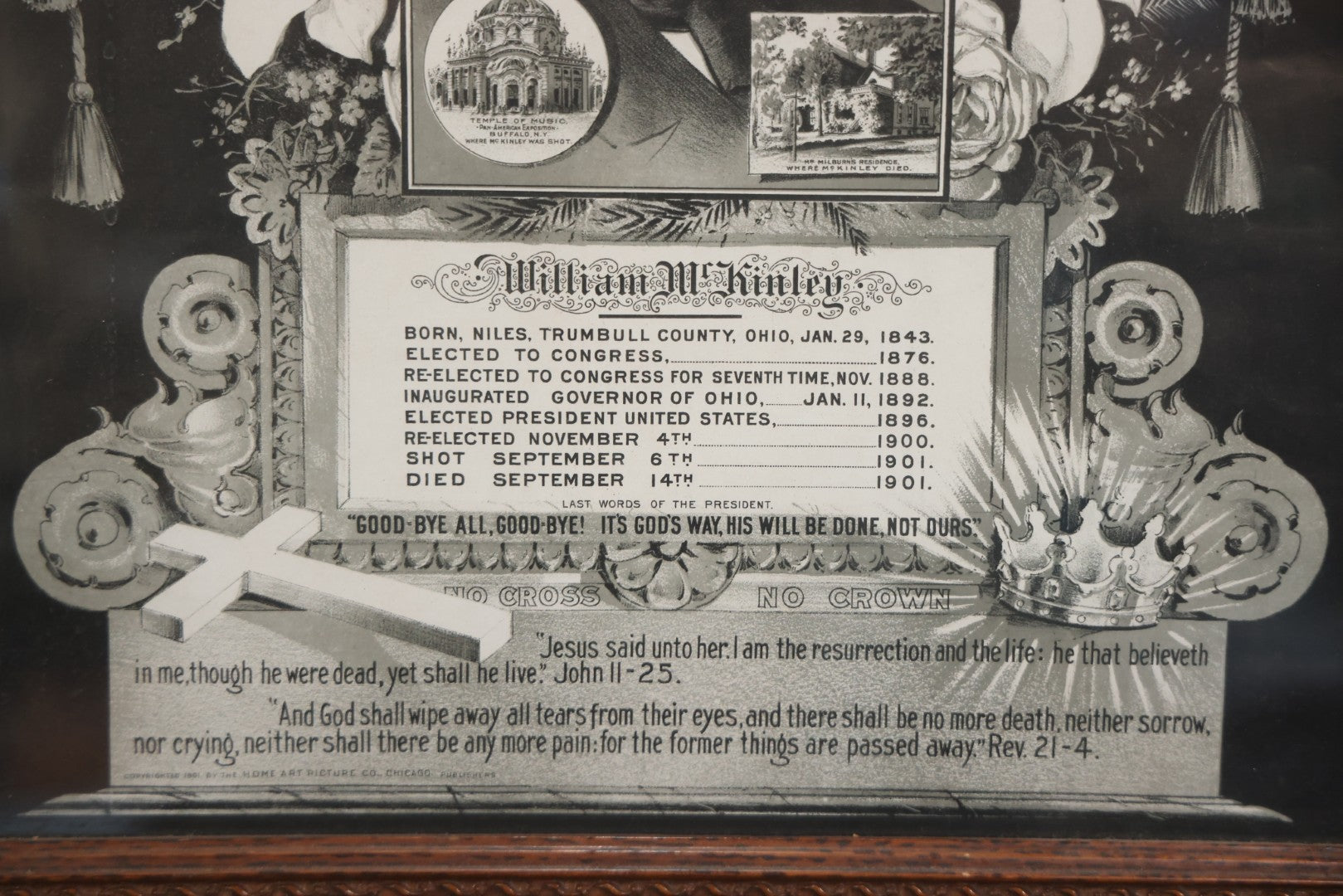 Antique President William McKinley Memorial Mourning Print, Copyright Home Art Picture Co., Chicago, 1901, In Frame, 21-1/2" x 25-1/2"