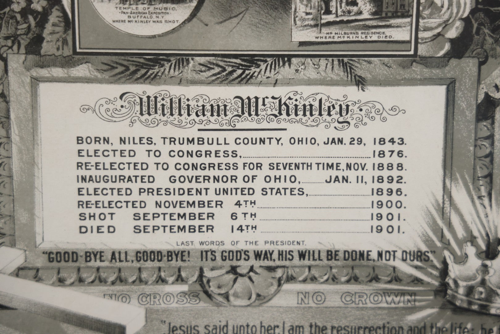 Antique President William McKinley Memorial Mourning Print, Copyright Home Art Picture Co., Chicago, 1901, In Frame, 21-1/2" x 25-1/2"