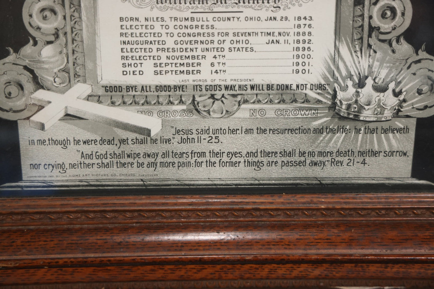 Antique President William McKinley Memorial Mourning Print, Copyright Home Art Picture Co., Chicago, 1901, In Frame, 21-1/2" x 25-1/2"
