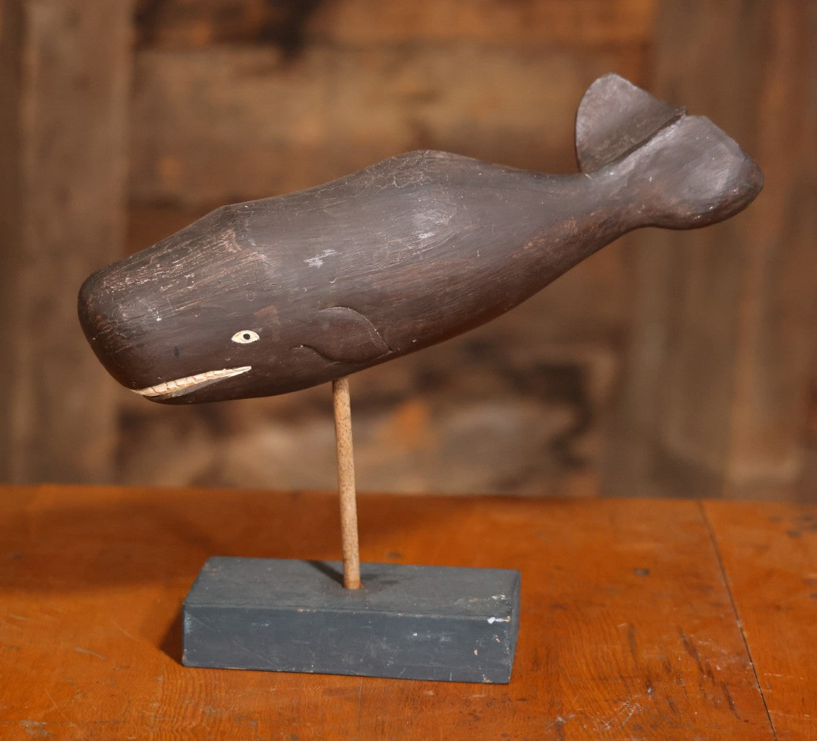 Vintage Folk Art Hand Carved And Painted Wooden Sperm Whale Figure On Stand, 12" H