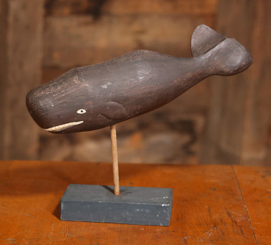 Vintage Folk Art Hand Carved And Painted Wooden Sperm Whale Figure On Stand, 12" H