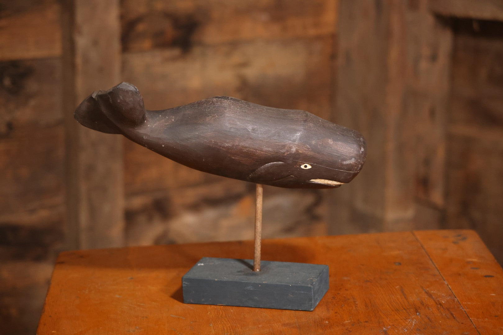 Vintage Folk Art Hand Carved And Painted Wooden Sperm Whale Figure On Stand, 12" H