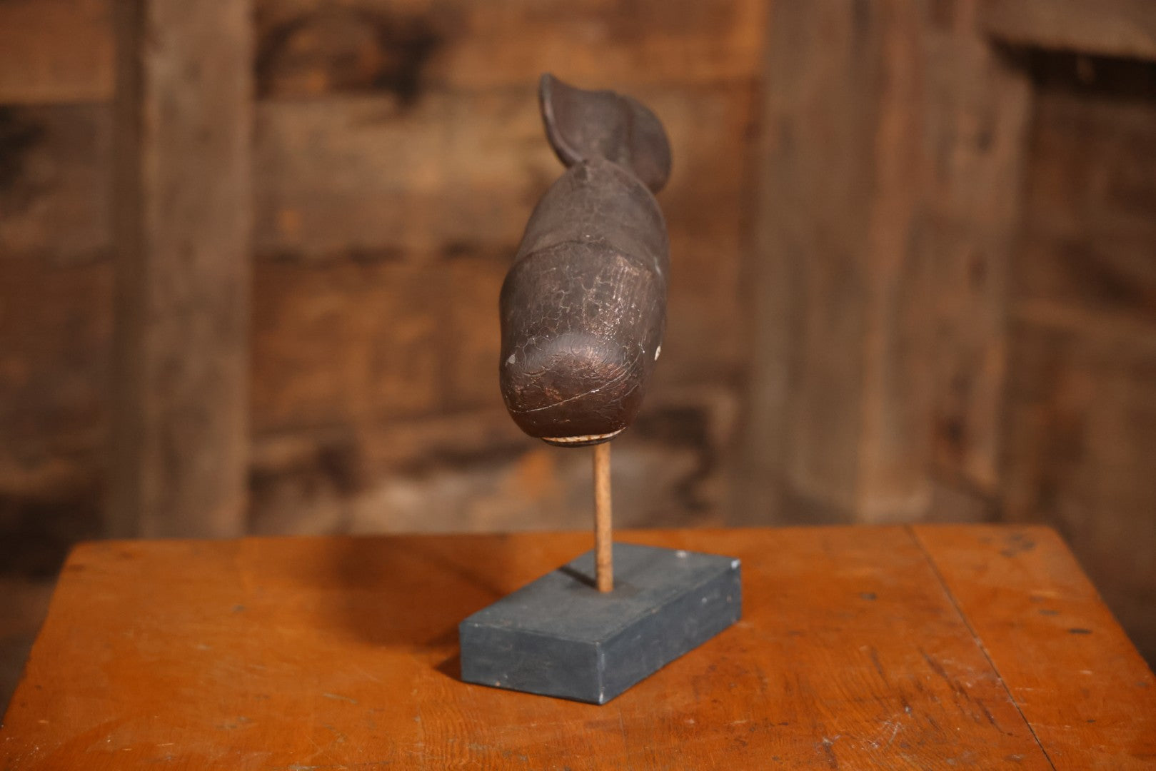 Vintage Folk Art Hand Carved And Painted Wooden Sperm Whale Figure On Stand, 12" H