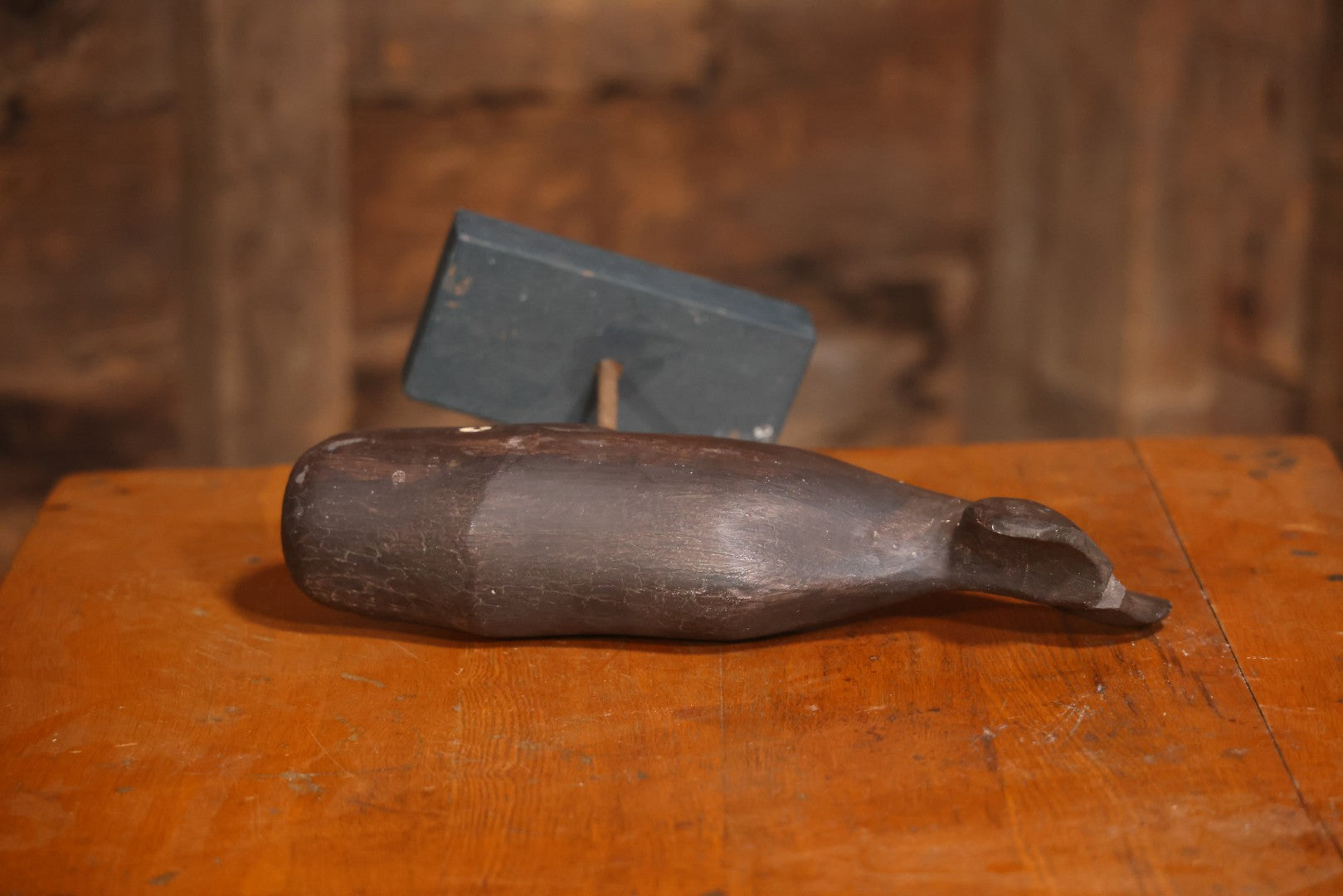 Vintage Folk Art Hand Carved And Painted Wooden Sperm Whale Figure On Stand, 12" H