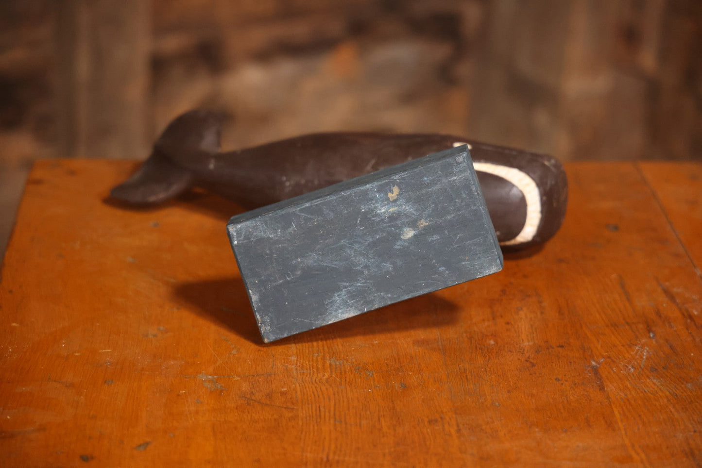 Vintage Folk Art Hand Carved And Painted Wooden Sperm Whale Figure On Stand, 12" H