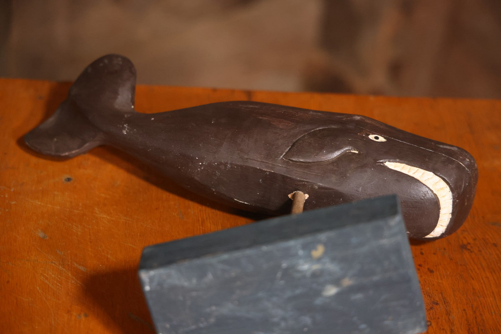 Vintage Folk Art Hand Carved And Painted Wooden Sperm Whale Figure On Stand, 12" H